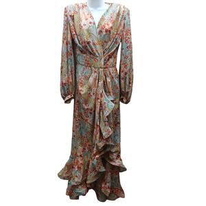 Bronx & Banco Louisa Silk Blend Floral Print Ruffle Wrap Maxi Dress Size Small/4